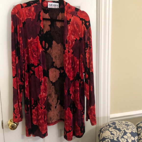 Amanda Sweaters - Red Rose covered flowy open tunic cardigan, Amanda